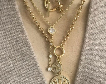 Talisman and bee double charm necklace/Equestrian curb chain/ Clover lariat