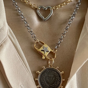 Mix metal medallions/Heart carabiner necklace