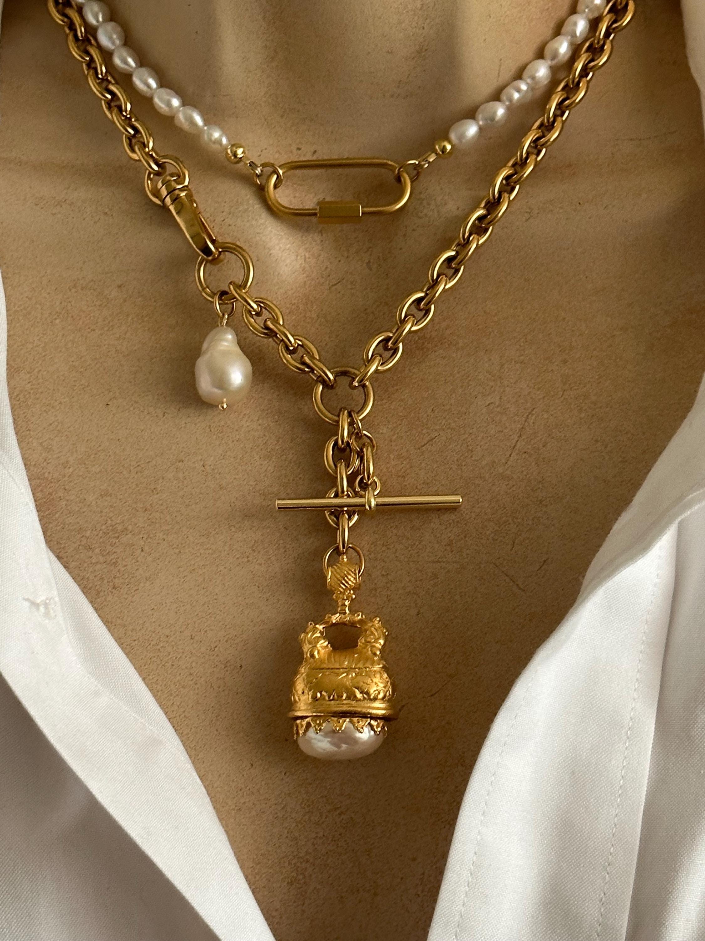 Baroque pearl Fob toggle necklace/Carabiner pearl necklace