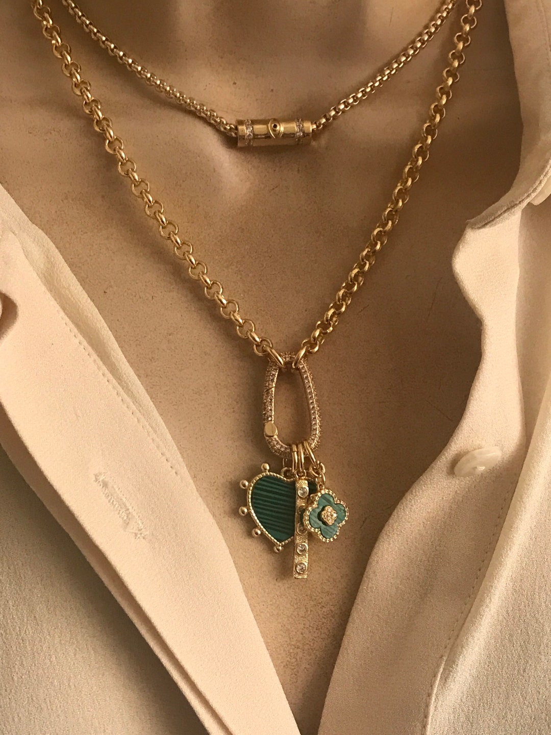 Louis Vuitton Style Enameled Fleur Long Layered Necklace