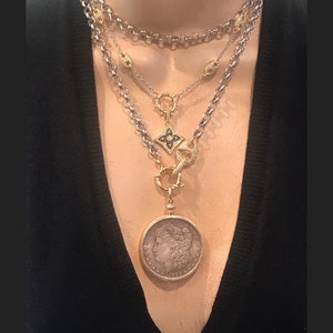 Mix metal LONG medallion coin necklace/Clover charm necklace