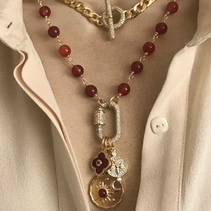 Carnelian mixed charm necklace/Toggle curb chain necklace