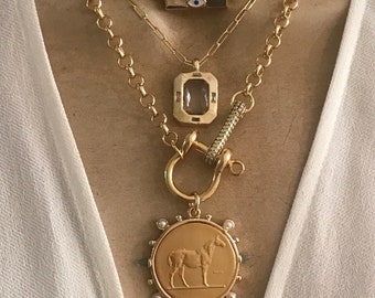 Equestrian medallion necklace/Evil eye necklace/ Clear crystal pendant necklace