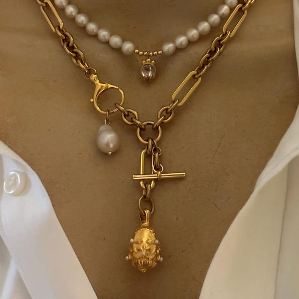 Fob Fleur de Lis Pendant Toggle necklace/Freshwater Pearl solitaire necklace