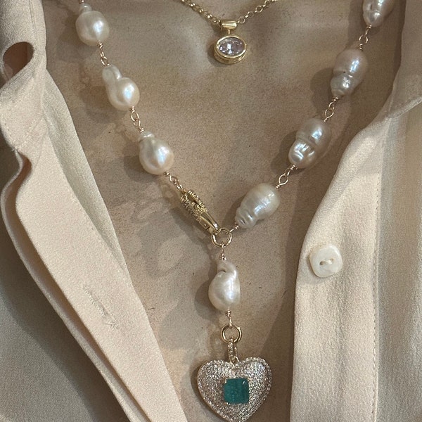 Baroque pearl heart/shield necklaces/Solitaire necklace