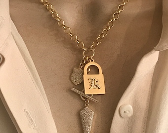 Personalized padlock and shield mix charms necklace