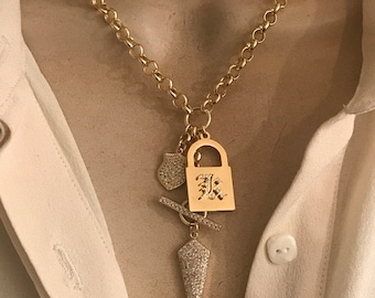 Personalized padlock and shield mix charms necklace