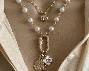Layered charms pearl necklace/Solitaire necklace