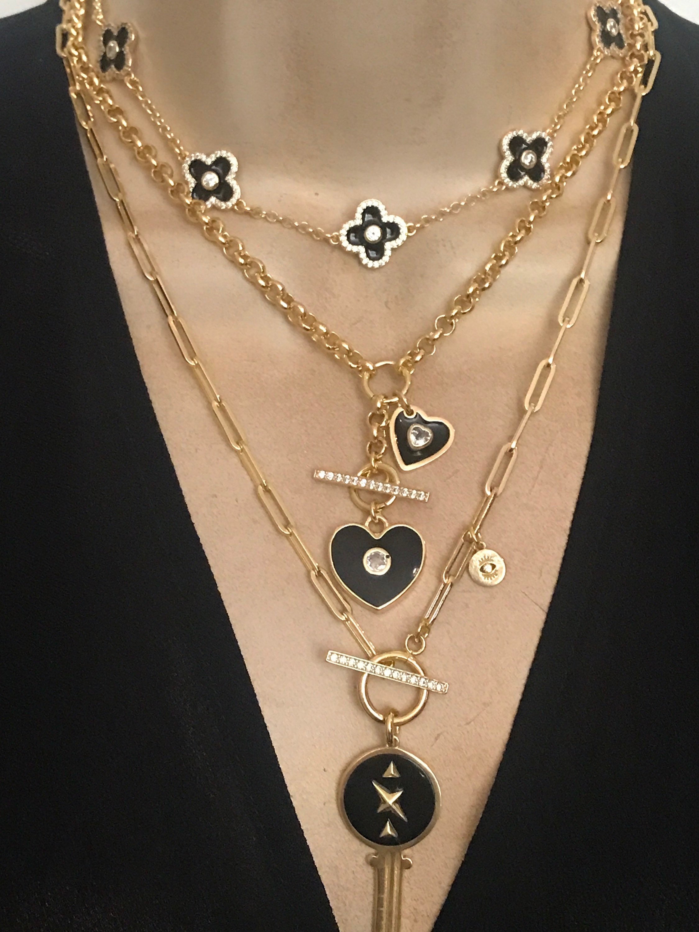 Louis Vuitton Style Enameled Fleur Long Layered Necklace