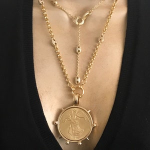 Gold medallion LONG necklace/Equestrian inspired gold Y lariat necklace