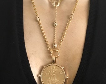 Gold medallion LONG necklace/Equestrian inspired gold Y lariat necklace