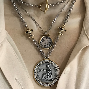 Mix metal medallion long necklace/ coin charm necklace