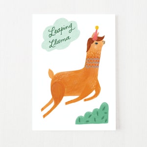 Whimsical Birthday Card, Leaping Llama, Blank Inside