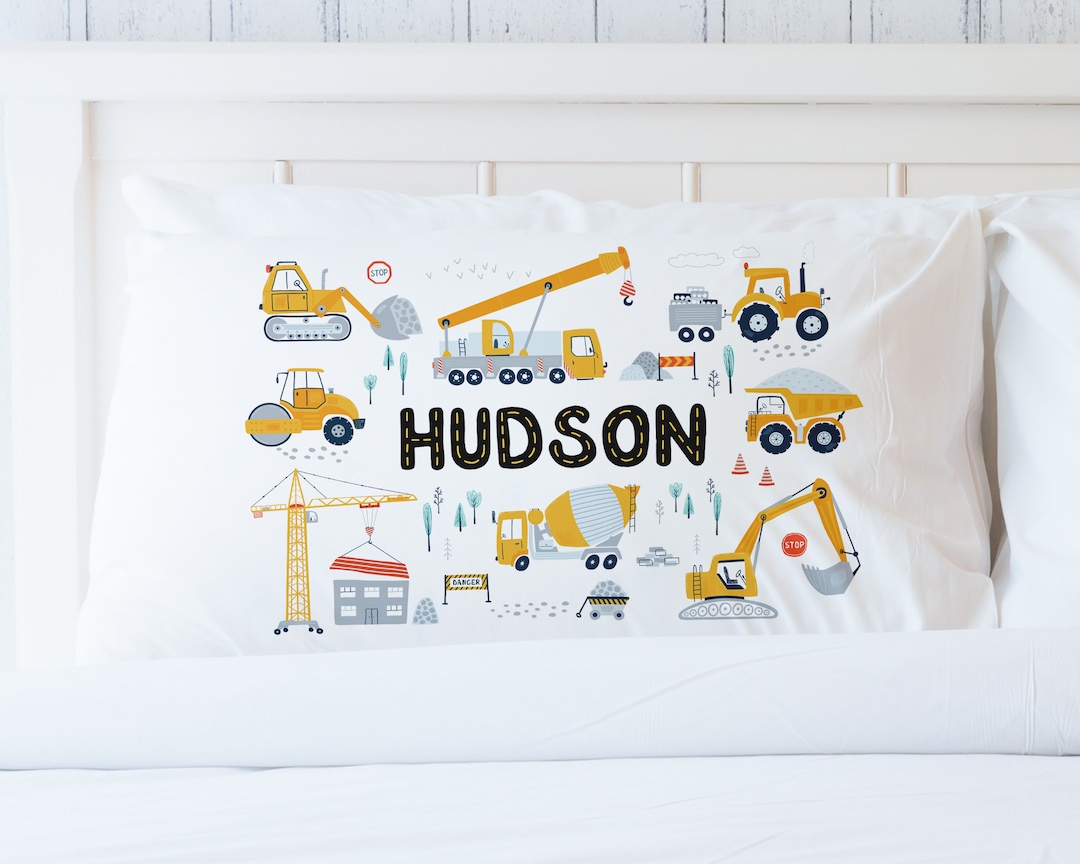 Personalized Construction Pillowcase, Boys Pillowcase With Cranes and
