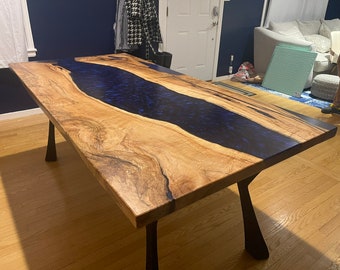 Custom Epoxy Resin Handmade Table, Live Edge Wood and Epoxy Table, Wood and Epoxy Dining Table