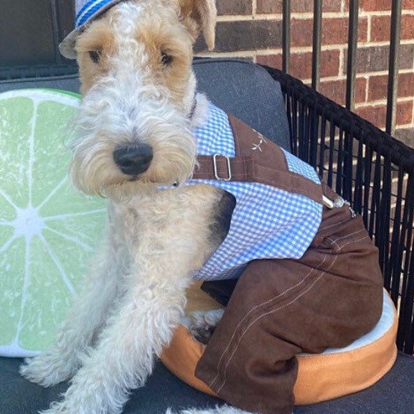 Lederhosen Dog Outfit, German Oktoberfest Harness Vest (C), Pants, and Hat 3 pc. Dog Costume