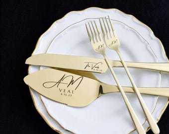 Wedding Cake Set 4 Piece Champagne Gold Modern Script Knife Server Forks Engraved Box