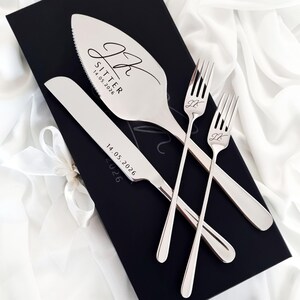 Personalized Silver Wedding Cake Cutting Set, Engraved Knife Server & Forks, Modern-Script, Magnetic Gift-Box, Bridal-Shower-Gift