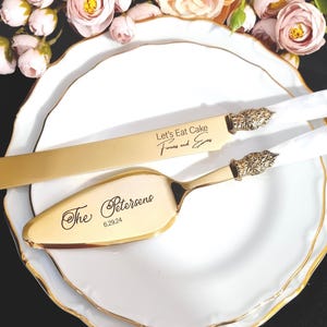 Cake Knife and Server Gold Cutting Set for Wedding Personalized with White Pearl Handle and Gold Washed Metal Rings with Antique Effect