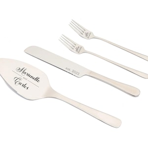 Silver Wedding Cake Cutting Set with Engraved Knife, Server and Forks – Keepsake Gift for Bride and Groom with Optional Box