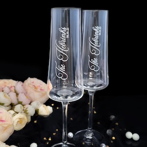Personalized Toasting Glasses Wedding Champagne Flutes Deep Engraved Set of 2 Crystal Flutes, Optional Box for Bride and Groom Mr and Mrs