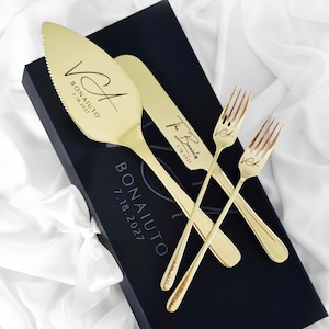 Wedding Champagne Cake Cutting Set Gift Server Knife and Forks, Engraved Cake Cutter Serving Set With Box for Bridal Shower