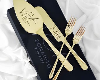 Personalized Gold Wedding Cake Cutting Set With Forks, Cutter & Knife, Engraved Mementos Gift Box