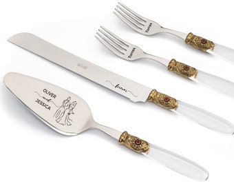 Personalized Wedding Cake Server Knife & Forks Set with Transparent Handle and Antique Gold Washed Metal Ring with Red Stone Decoration