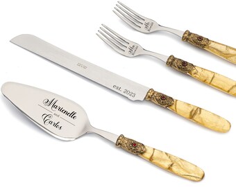 Personalized Wedding Cake Cutting Set Knife Server & Forks with Gold Fabric Effect Handle and Antique Gold Washed Metal Ring with Red Stone