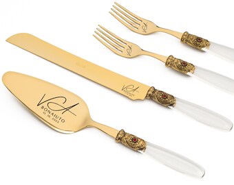 Gold Cake Cutting Server Knife and Forks Set for Wedding with Transparent Handle & Antique Gold Washed Metal Ring with Red Stone Decoration