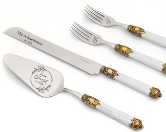 Wedding Gift Set Cake Knife Server and Forks | Cake Serving Cutter Cutting Set, White Handle & Antique Gold Plated Ring, Bridal Shower Gift