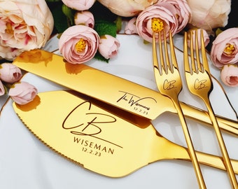 Timeless Gold Wedding Cake Cutting Set – Engraved Knife, Server and Forks, Gift from Mom, Bridal Shower or Anniversary Keepsake