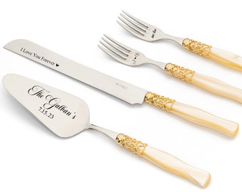 Ivory Wedding Server Knife and Forks Cake Cutting Set | Unique Cutter Serving Set, Ivory Pearl Handle & Gold Plated Metal Ring, Wedding Gift