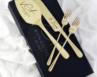 Wedding Cake Cutting Cutter Set Gold, Custom Engraved Swarovski Crystal Knife And Server, Dessert Forks