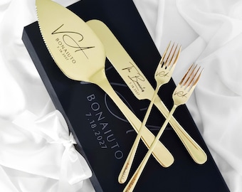 Wedding Champagne Cake Cutting Set Gift Server Knife and Forks, Engraved Cake Cutter Serving Set With Box for Bridal Shower