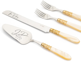 Ivory Wedding Cake Server Knife & Forks Cake Serving Cutting Set Bride and Groom Wedding Gift Ivory Pearl Color Handle and Gold Plated Ring