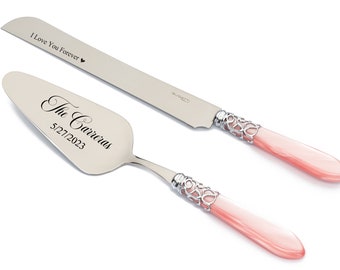 Pink Cake Cutting Set for Wedding - Bridal Shower Gift, Personalized Cutter Serving Knife Set, Pink Handle & Polished Metal Ring