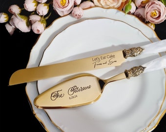 Cake Knife and Server Gold Cutting Set for Wedding Personalized with White Pearl Handle and Gold Washed Metal Rings with Antique Effect