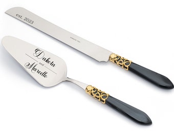 Personalized Wedding Cake Cutter Set Knife and Server - Cutting Serving Set Black Pearl Handle & Gold Plated Metal Ring Bridal Gift