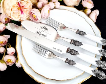 Wedding Gift Cake Server Knife & Forks Silver Cutting Set Personalized with White Pearl Effect Handle and Metal Rings with Antique Effect