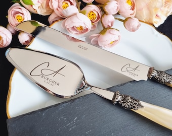Cake Knife & Server Silver Cutting Set for Wedding Personalized with Champagne Pearl Handle and Metal Rings with Antique Effect