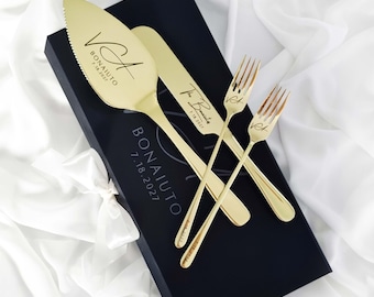 Wedding Champagne Cake Cutting Set Gift Server Knife and Forks, Engraved Cake Cutter Serving Set With Box for Bridal Shower