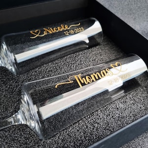 Toasting Flutes Set with Premium Wedding Gift Box, High Quality Deep Engraved Set of 2 Crystal Champagne Glasses Gold for Bride and Groom