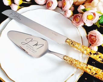 Gold CAKE CUTTING SET for Wedding Server & Knife, Cake Cutter for Wedding, Transparent Handle with Gold Flakes inside and Gold Ring