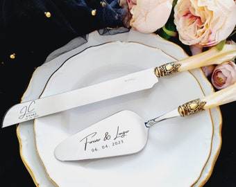 Elegant Wedding Knife and Server Cake Cutting Set Unique Wedding Cutter Serving Set Ivory Pearl Handle & Gold Plated Metal Ring Wedding Gift