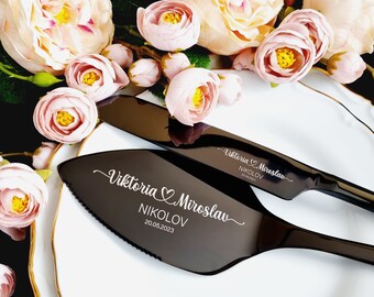 Custom Black Wedding Cake Cutter Set – Engraved Knife and Server Gift for Couple, Anniversary Keepsake or Bridal Shower Present