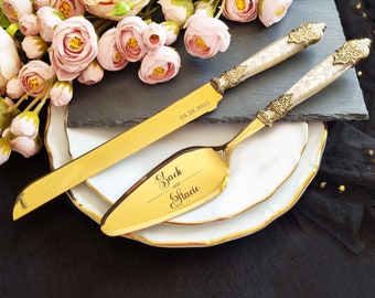 Personalized Gold Wedding Gift Cake Knife and Server Custom Set with Ricamo Champagne Pearl Handle and Gold Metal Rings with Antique Effect