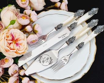 Cake Knife Server & Forks Silver Cutting Set for Wedding Gift Personalized with Campagne Pearl Handle and Metal Rings with Antique Effect