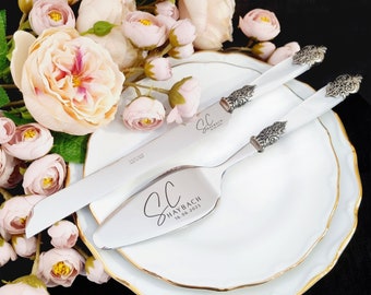 Wedding Cake Server Knife Antique Style Set - Silver Cutting Set Personalized with White Pearl Handle and Silver Handle Rings