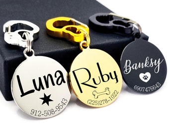 Engraved Dog Tag for Dogs - Personalized Pet ID Tag, Custom Dog Name Tag, Stainless Steel, Gold Black Dog Collar Tag